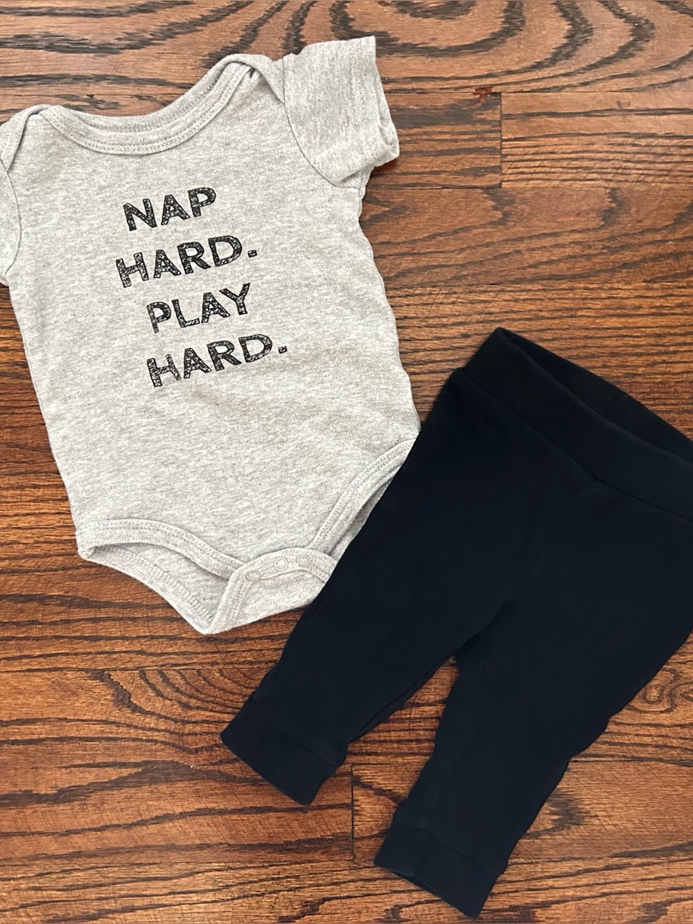 Grey Bodysuit “Nap Hard Play Hard” w/ Coordinating Black Leggings Baby 3-6 Mo